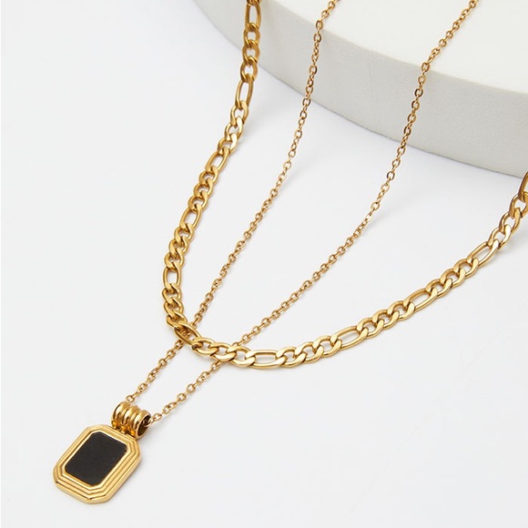18K Gold Double Layered Necklace*Figaro Chain*Dainty*Gold Waterproof Jewelry*YB - Picture 1 of 10